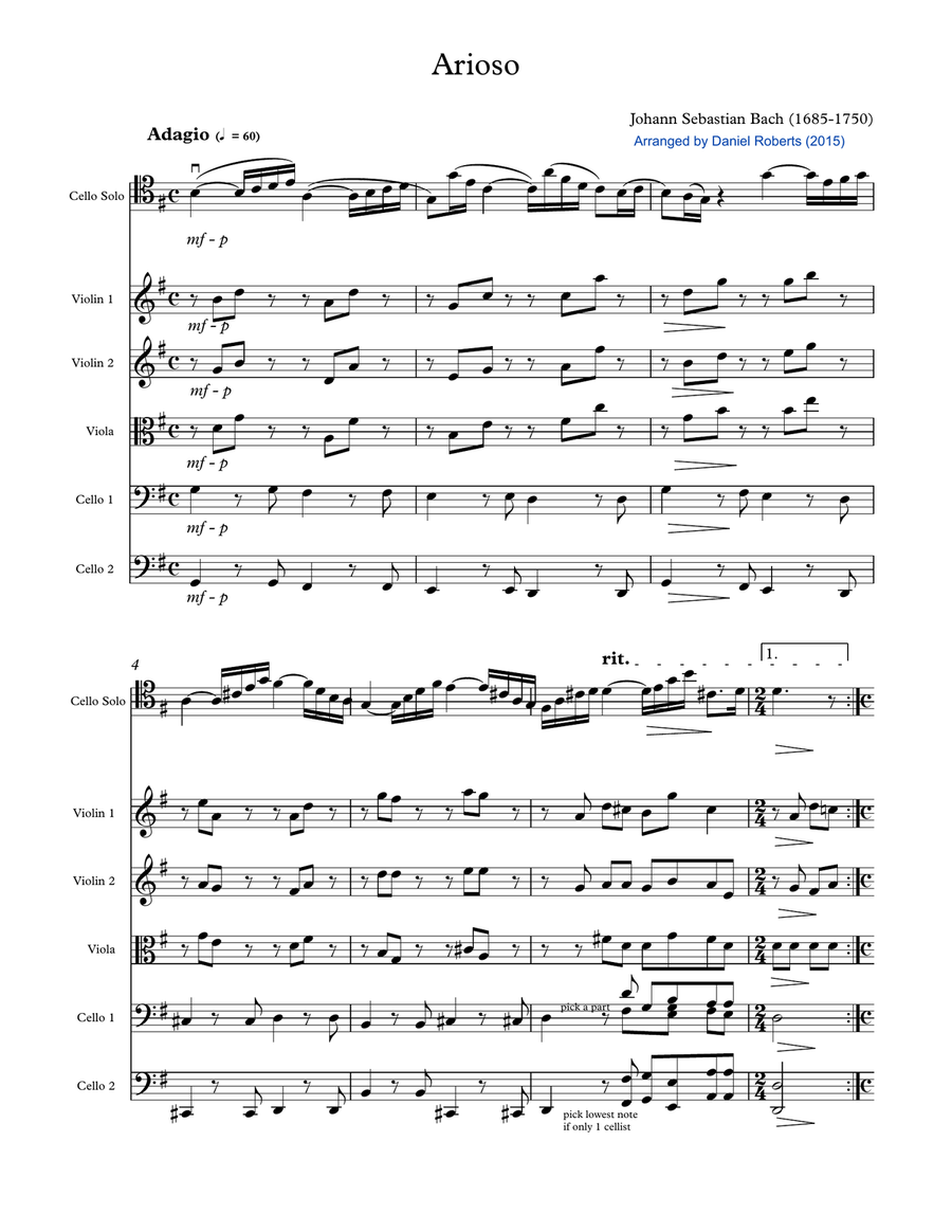 Bach Arioso (BWV 156) for Cello and Chamber Orchestra - SCORE