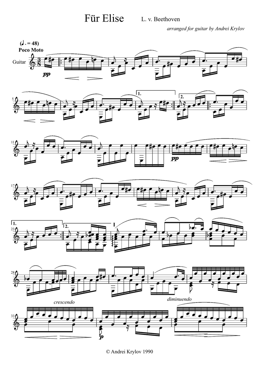 Fur Elise, Bagatelle No. 25 in A minor (WoO 59 and Bia 515) by Ludwig van Beethoven, arrangement for Acoustic Guitar scores gallery preview page 1