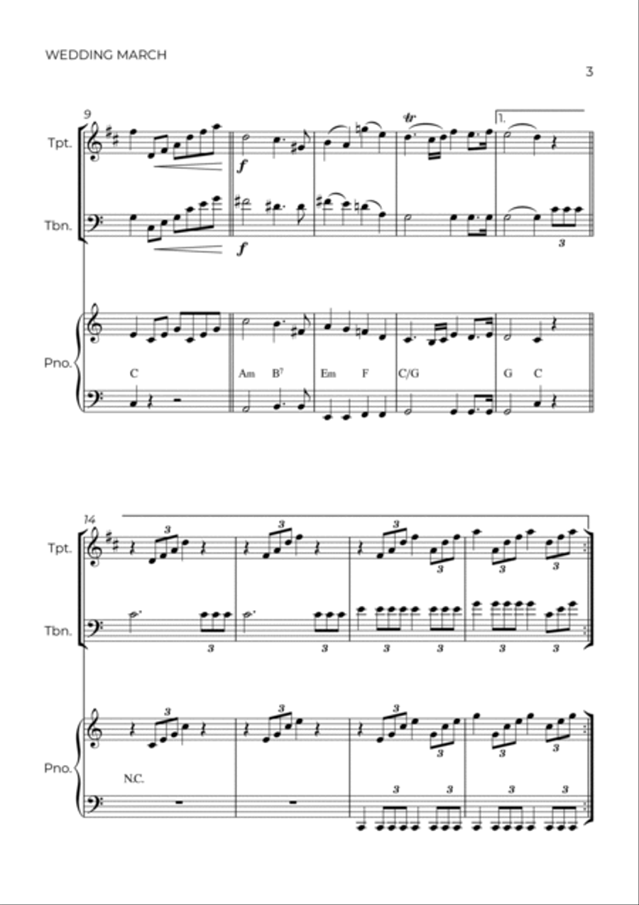 WEDDING MARCH - MENDELSSOHN - BRASS PIANO TRIO (TRUMPET, TROMBONE & PIANO) Brass Duet scores gallery preview page 3
