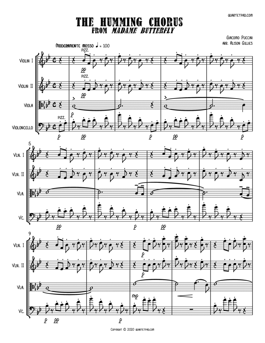 The Humming Chorus from MADAME BUTTERFLY - String Quartet Choir scores gallery preview page 1