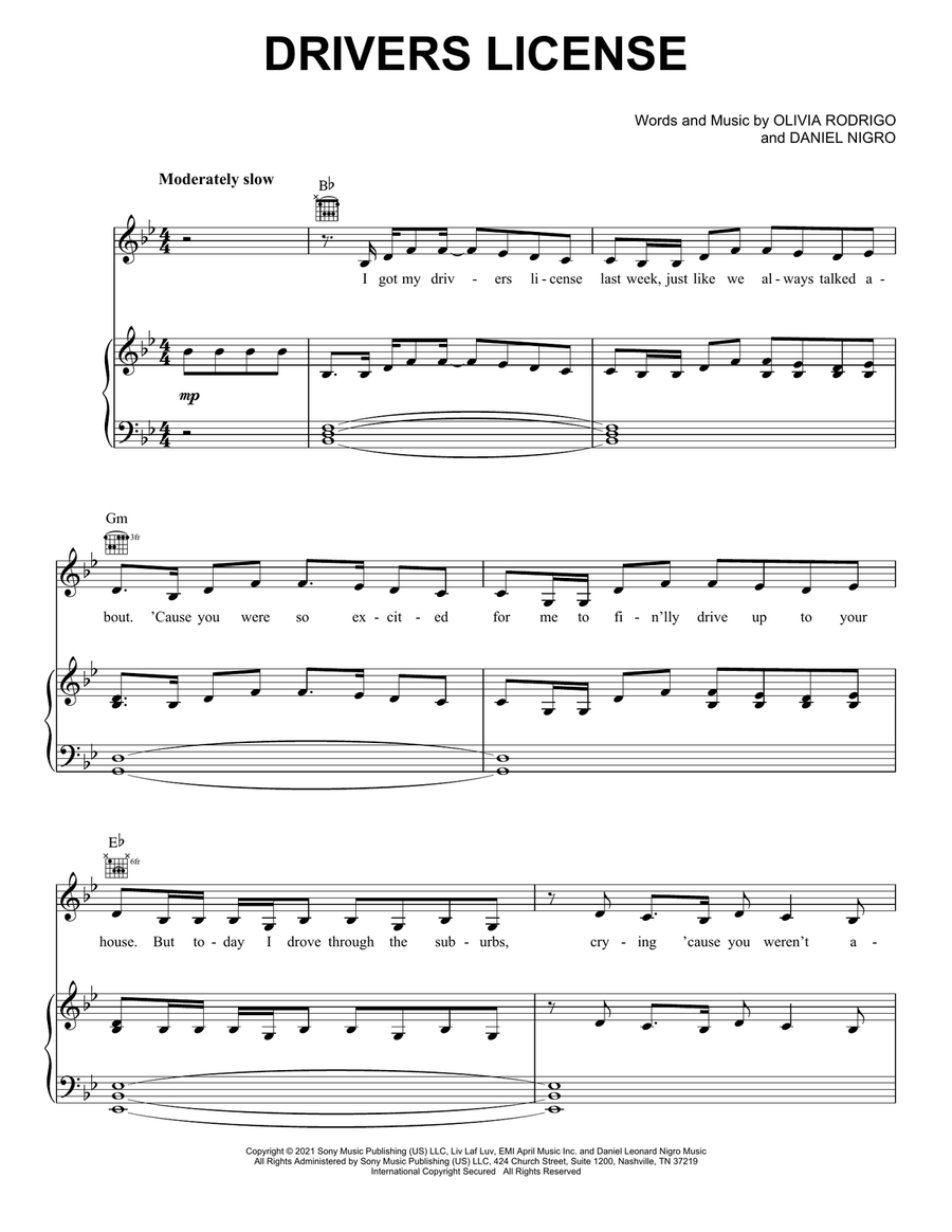 drivers license Piano, Vocal, Guitar scores gallery preview page 1