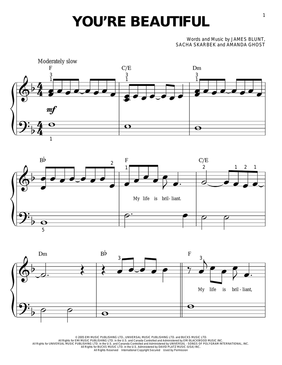 You're Beautiful Easy Piano scores gallery preview page 1
