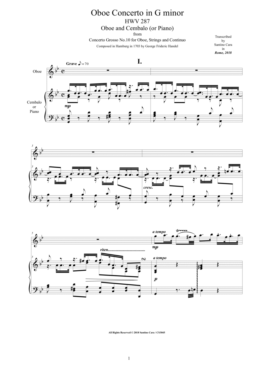 Handel - Oboe Concerto in G minor HWV 287 for Oboe and Cembalo (or Piano) Piano scores gallery preview page 1
