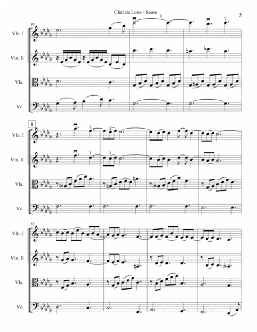 Claire de Lune in Db for String Quartet String Quartet scores gallery preview page 5