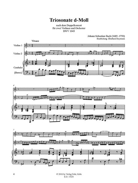 Triosonate für zwei Violinen und Basso continuo d-Moll (nach dem Doppelkonzert BWV 1043 bearbeitet)