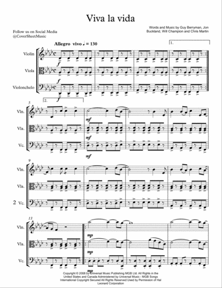 Viva La Vida Viva La Vida String Trio scores gallery preview page 2
