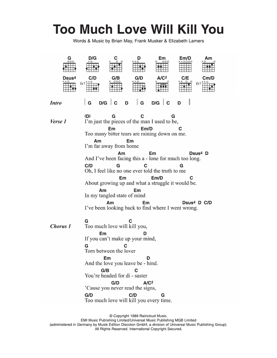 Too Much Love Will Kill You Easy Guitar scores gallery preview page 1