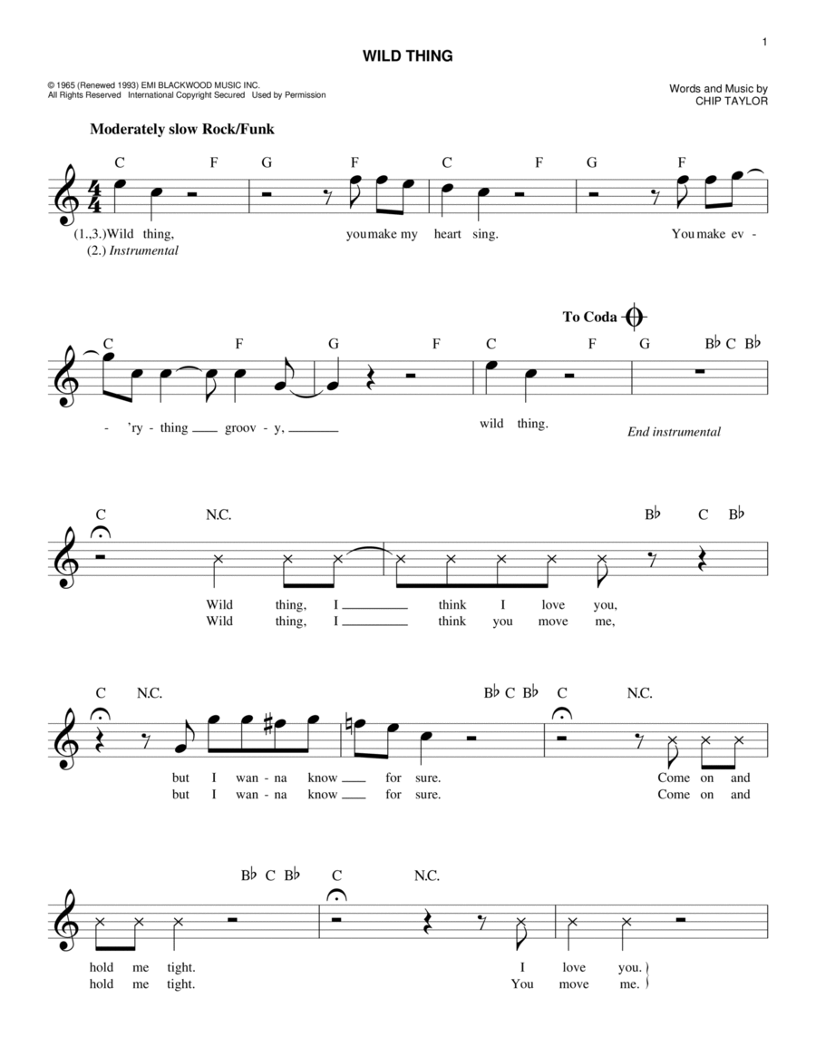 Wild Thing Piano scores gallery preview page 1