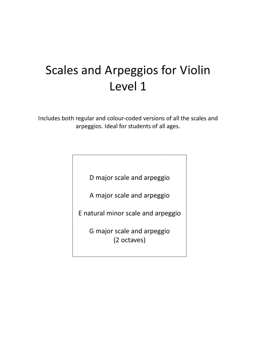 Book cover for Scales and arpeggios for violin - Level (grade) 1. Includes additional colour-coded notation and gui