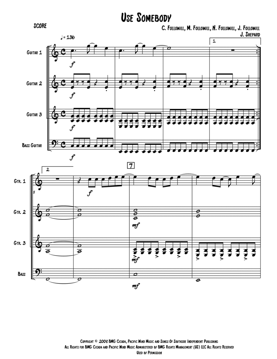 Use Somebody Guitar Ensemble scores gallery preview page 1
