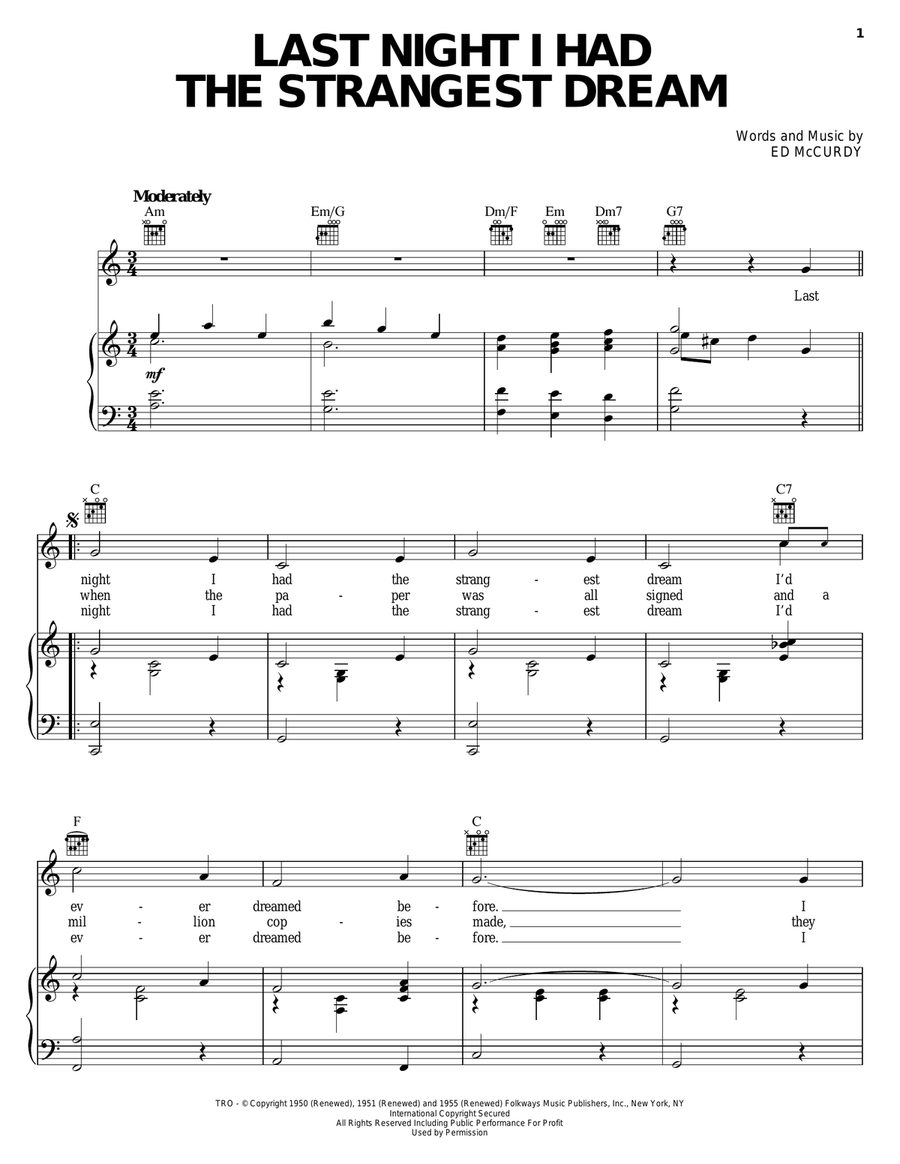 Last Night I Had The Strangest Dream Piano, Vocal, Guitar scores gallery preview page 1