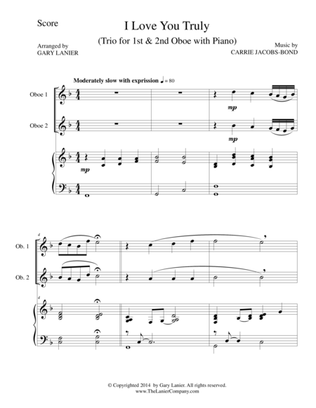 I LOVE YOU TRULY (Trio – Oboe 1, Oboe 2, Piano with Score and Parts) image number null