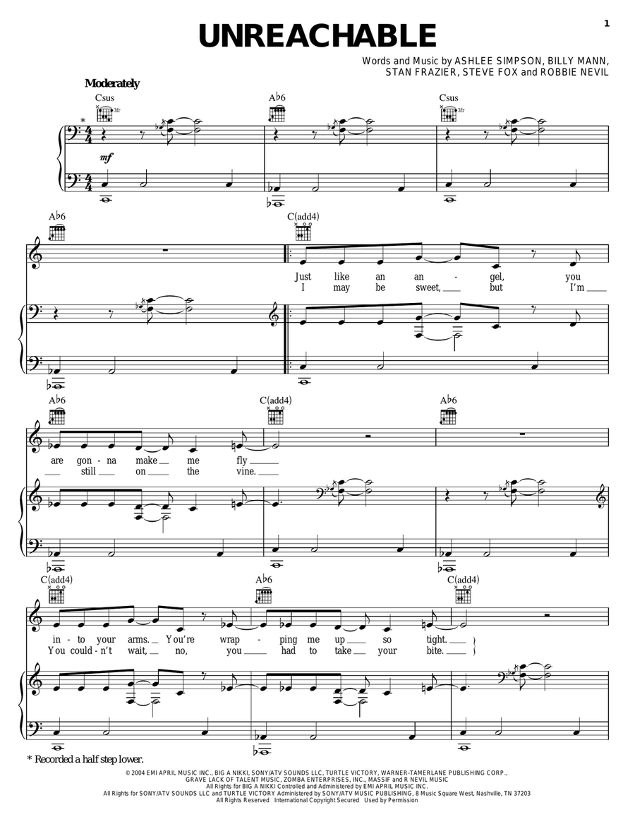 Unreachable Unreachable Piano, Vocal, Guitar scores gallery preview page 1