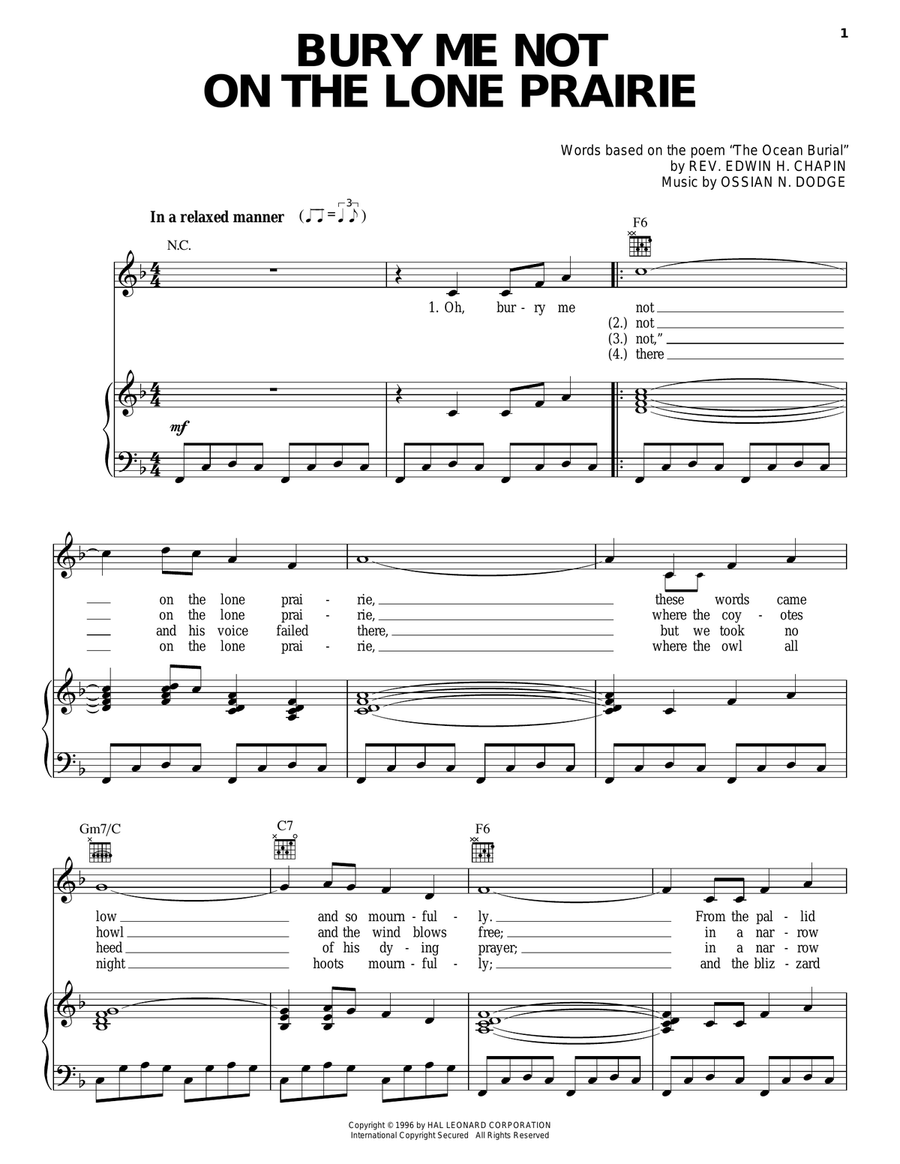 Bury Me Not On The Lone Prairie Piano, Vocal, Guitar scores gallery preview page 1