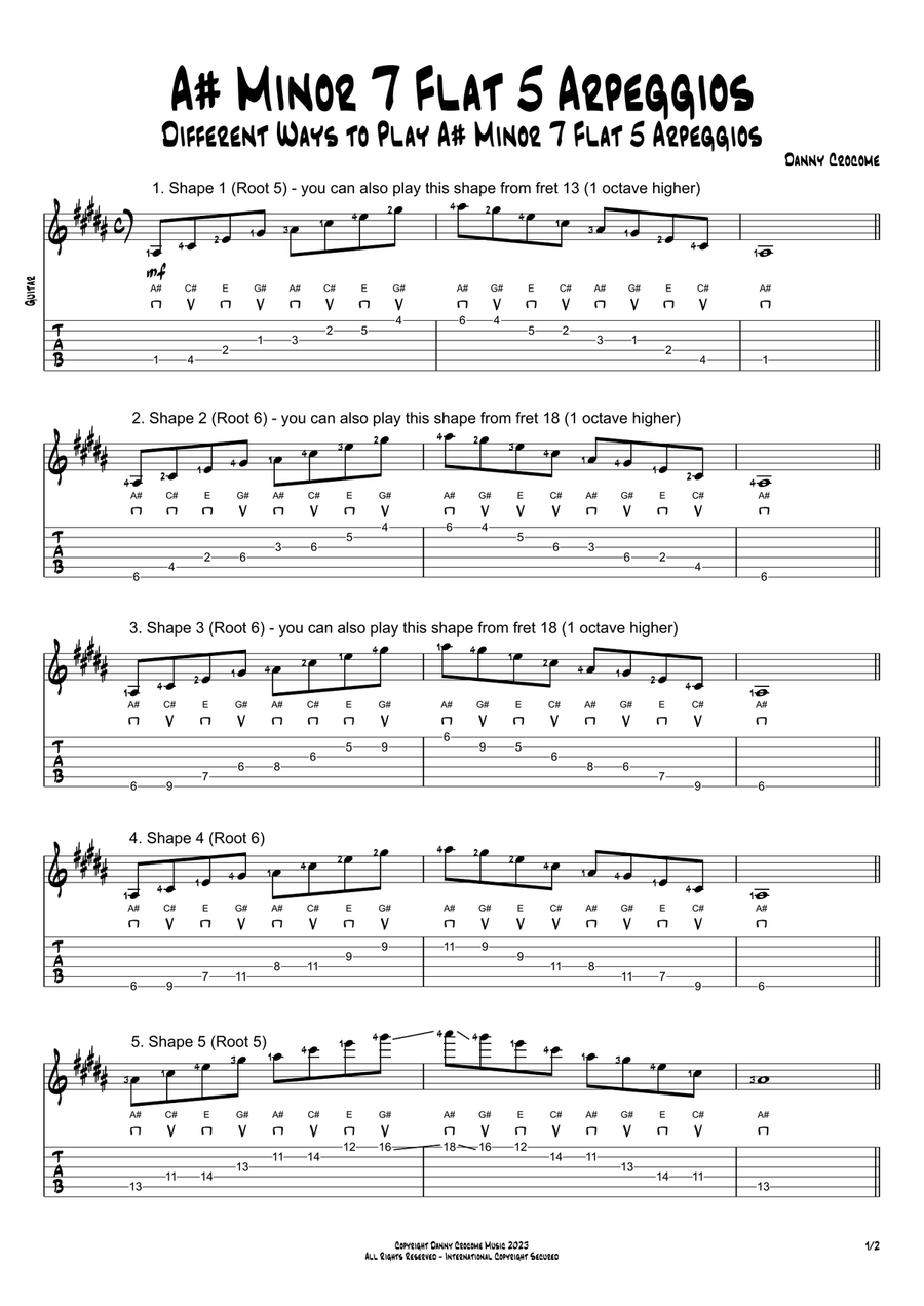 A# Minor 7 Flat 5 Arpeggios (5 Ways to Play) Electric Guitar scores gallery preview page 1