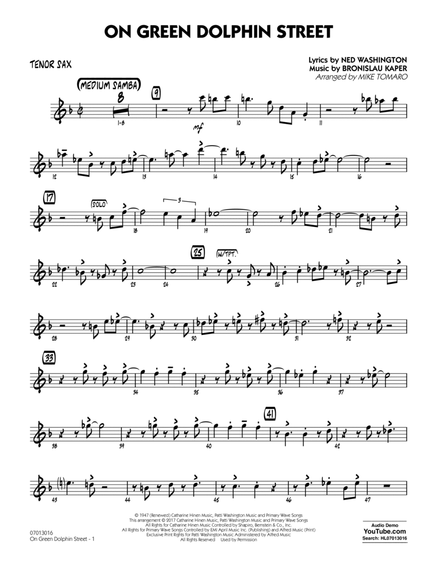 On Green Dolphin Street - Tenor Sax Tenor Saxophone scores gallery preview page 1