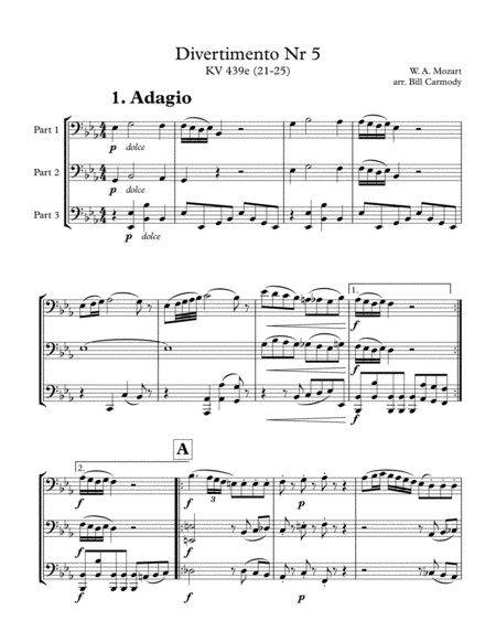 Mozart Divertimento Nr 5 Bass Clef Trio (5 mvts) KV 4393 (21-25)