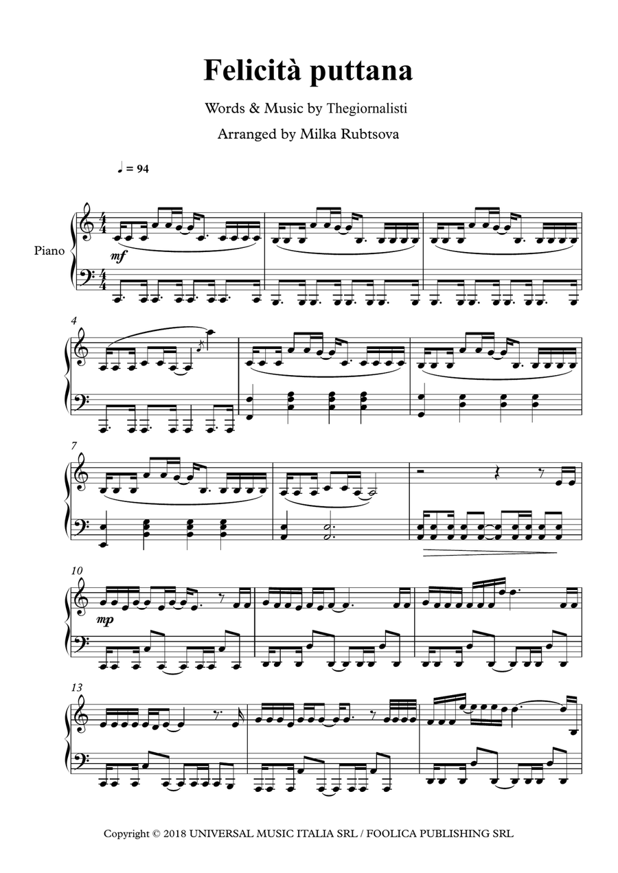 Felicita Puttana Piano Solo scores gallery preview page 1