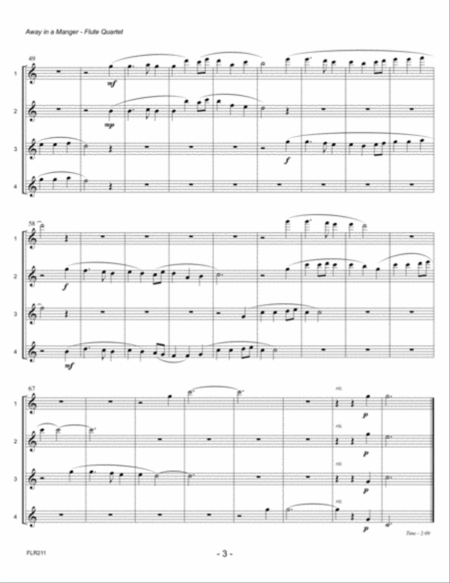AWAY IN A MANGER for unaccompanied FLUTE QUARTET Flute Quartet scores gallery preview page 3