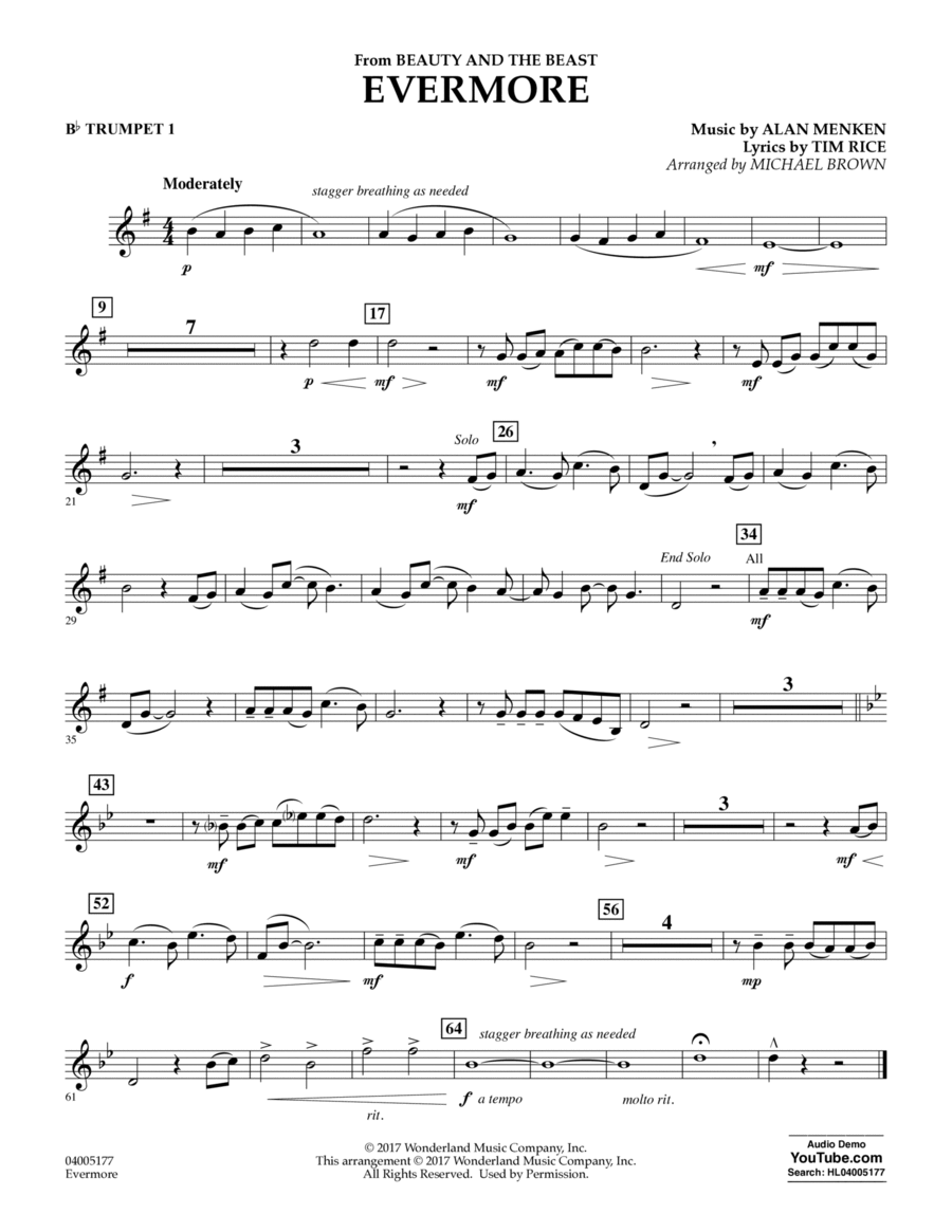 Evermore (from Beauty and the Beast) (arr. Michael Brown) - Bb Trumpet 1 Concert Band scores gallery preview page 1