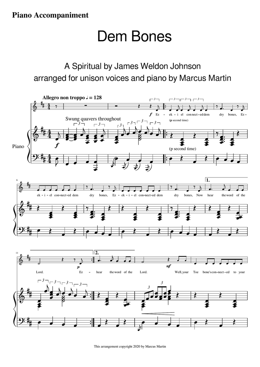 Dem Bones Piano Bass & Drum Accompaniment for unison voices Unison Choir scores gallery preview page 1