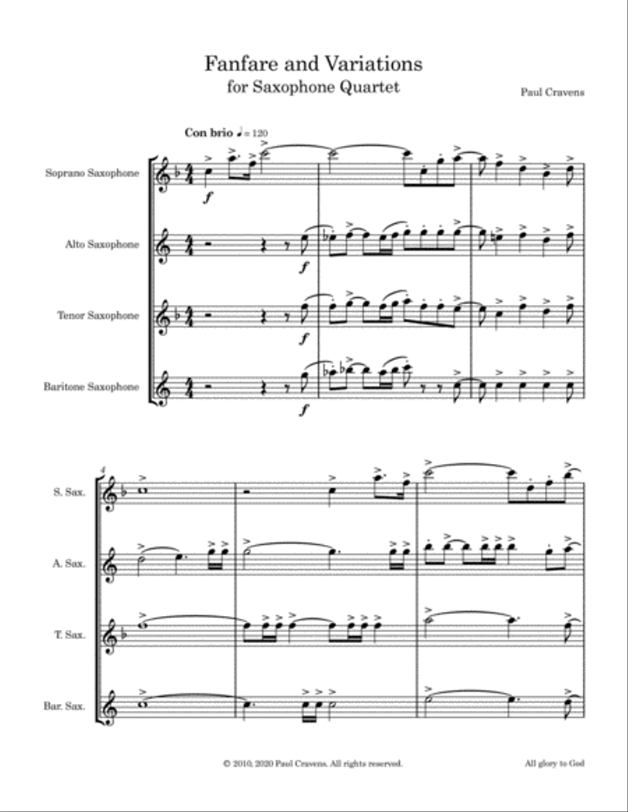 Fanfare and Variations (Sax Quartet) Saxophone Quartet scores gallery preview page 1