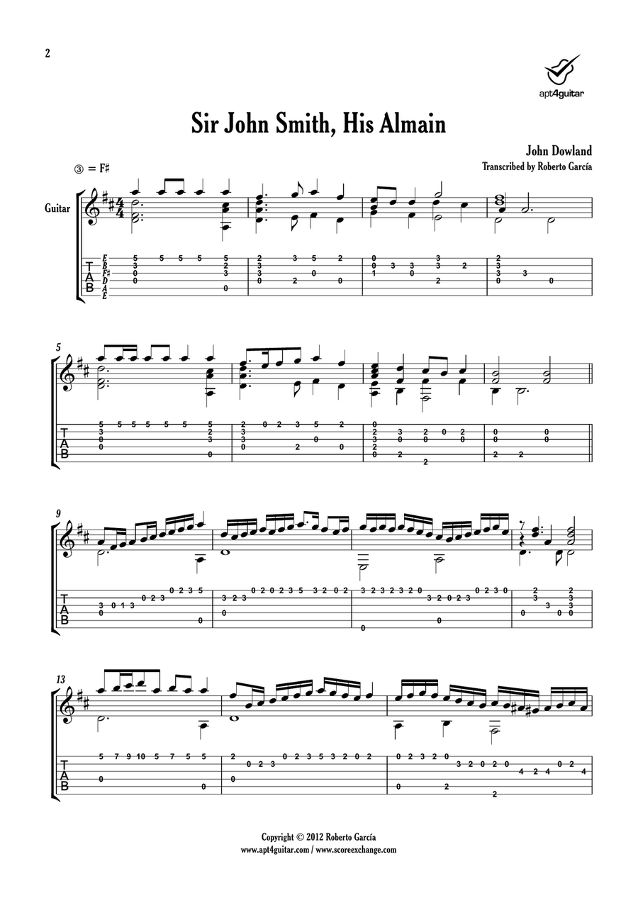 Sir John Smith, His Almain Classical Guitar scores gallery preview page 2