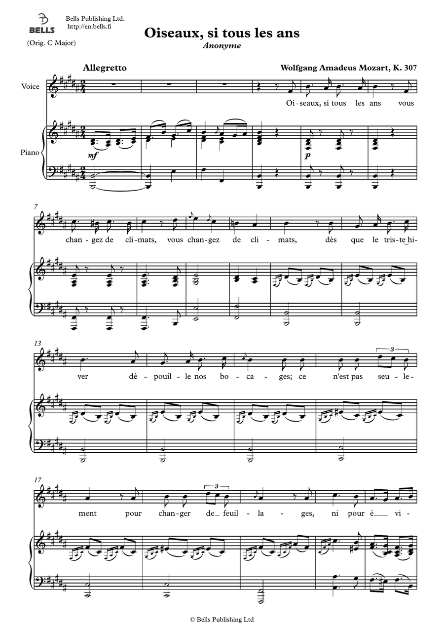 Oiseaux, si tous les ans, K. 307 (B Major)