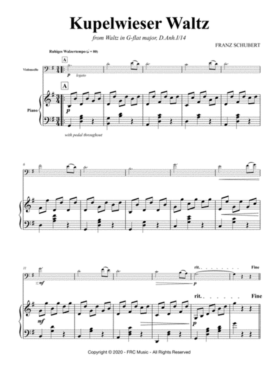 Kupelwieser Waltz (for Violoncello and Piano) from Waltz in G-flat major, D.Anh.I/14 - EASY VERSION