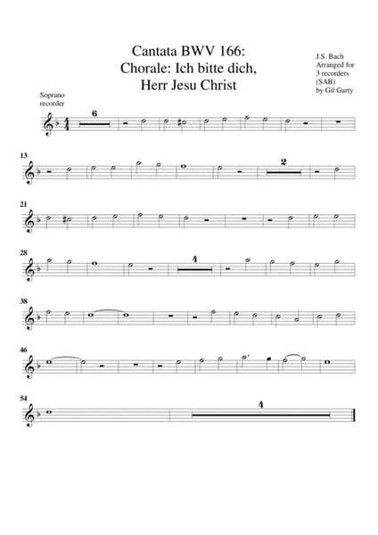 Chorale: Ich bitte dich, Herr Jesu Christ, from cantata BWV 166 (arrangement for 3 recorders)
