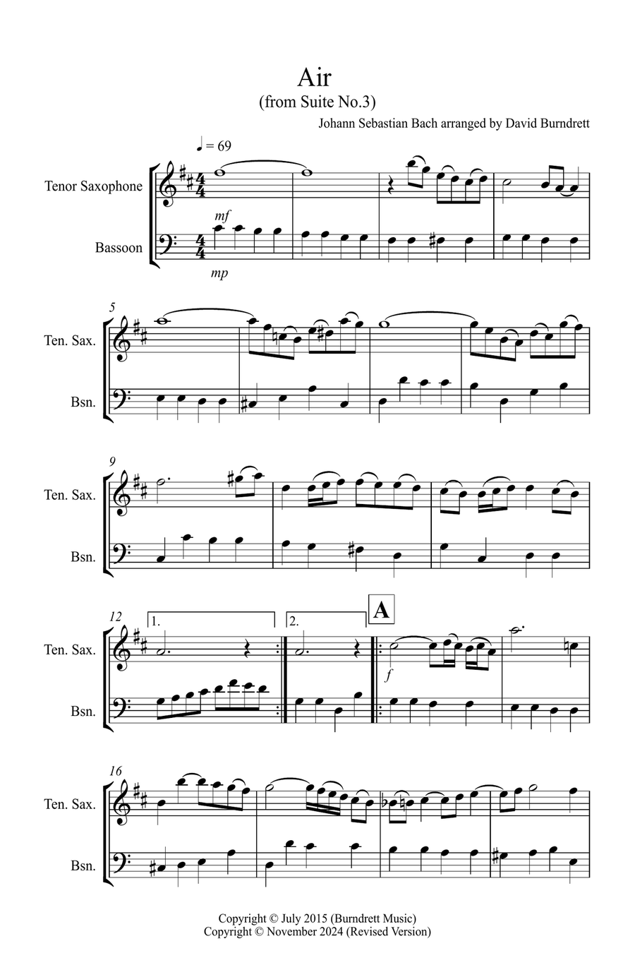 Air on a G String for Tenor Saxophone and Bassoon Duet Bassoon scores gallery preview page 1