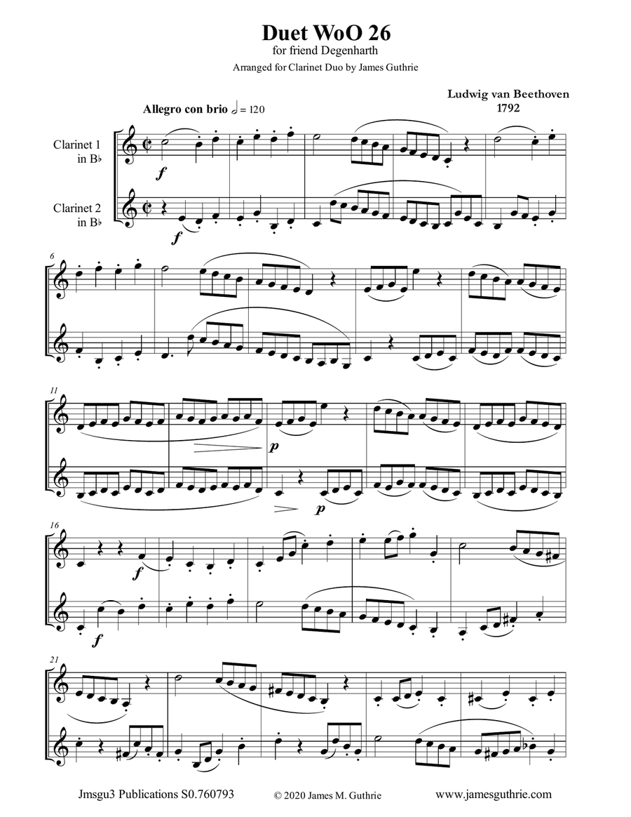 Beethoven: Duet WoO 26 for Clarinet Duo Clarinet Duet scores gallery preview page 1