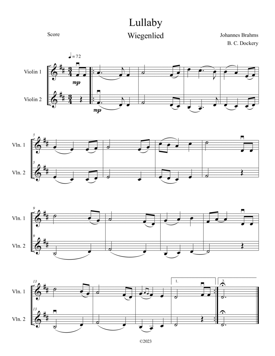 Brahms's Lullaby (Violin Duet) String Duet scores gallery preview page 1