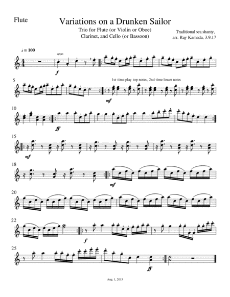Drunken Sailor Theme and Variations, Trio for Flute (or Violin or Oboe), Clarinet, and Cello (or Bas image number null