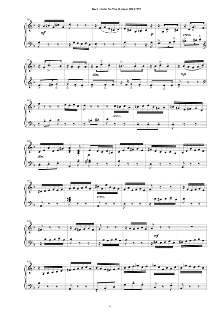 Bach - Piano Suite No.9 in D minor BWV 995 - Complete Piano version Piano Solo scores gallery preview page 4