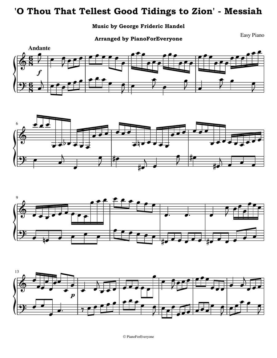 'O Thou That Tellest Good Tidings to Zion' from Messiah - Handel (Easy Piano) Easy Piano scores gallery preview page 1