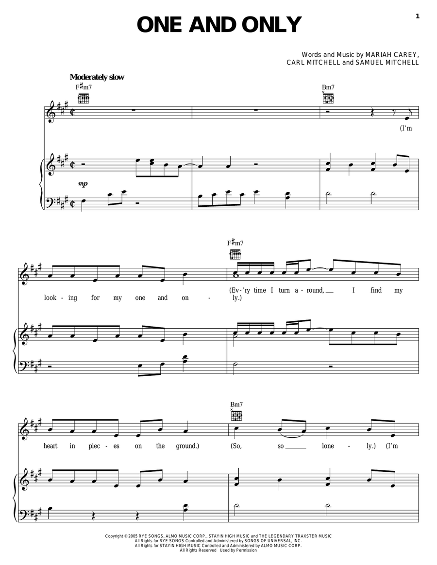 One And Only One And Only Piano, Vocal, Guitar scores gallery preview page 1
