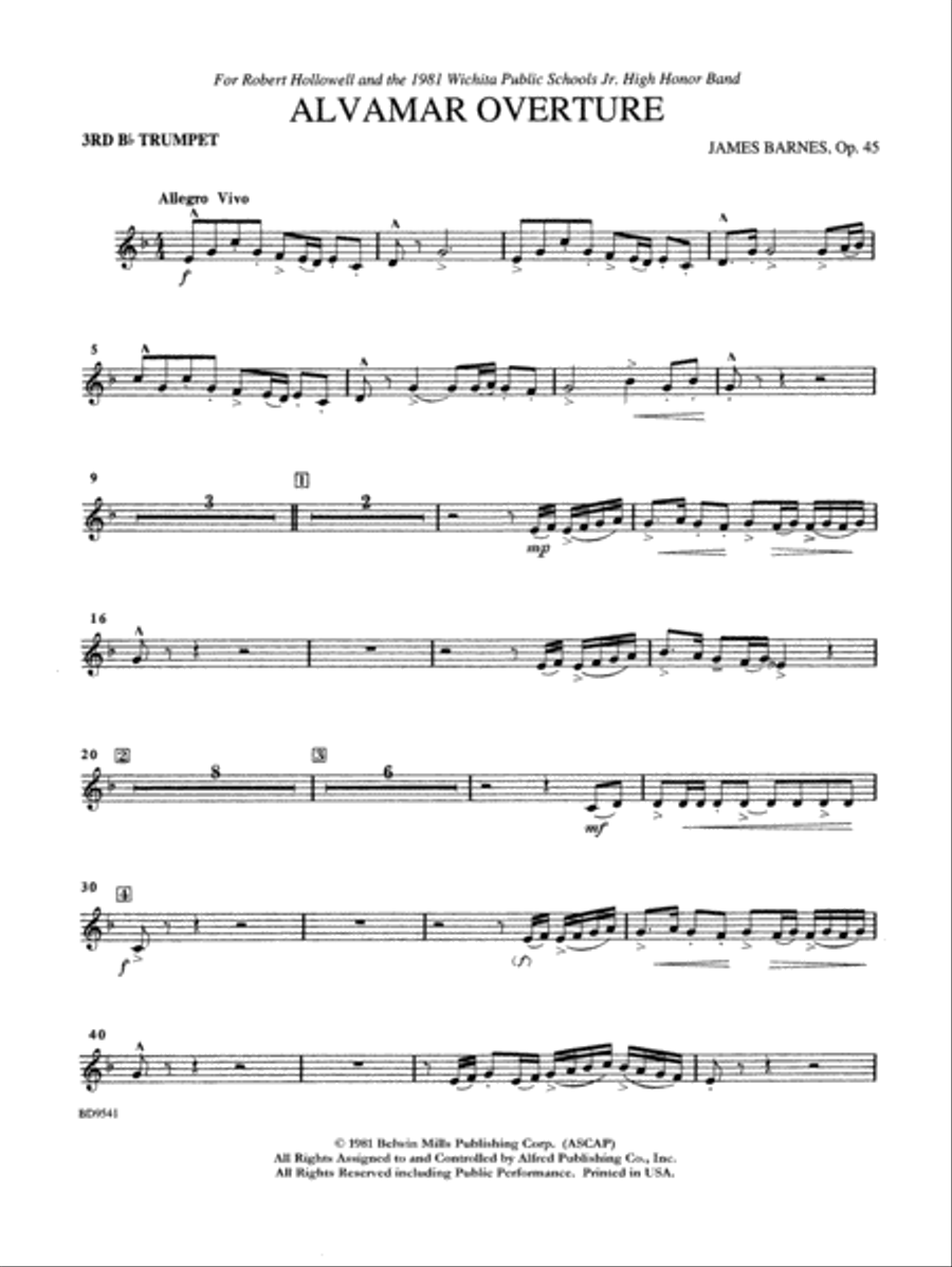 Alvamar Overture: 3rd B-flat Trumpet Concert Band scores gallery preview page 1