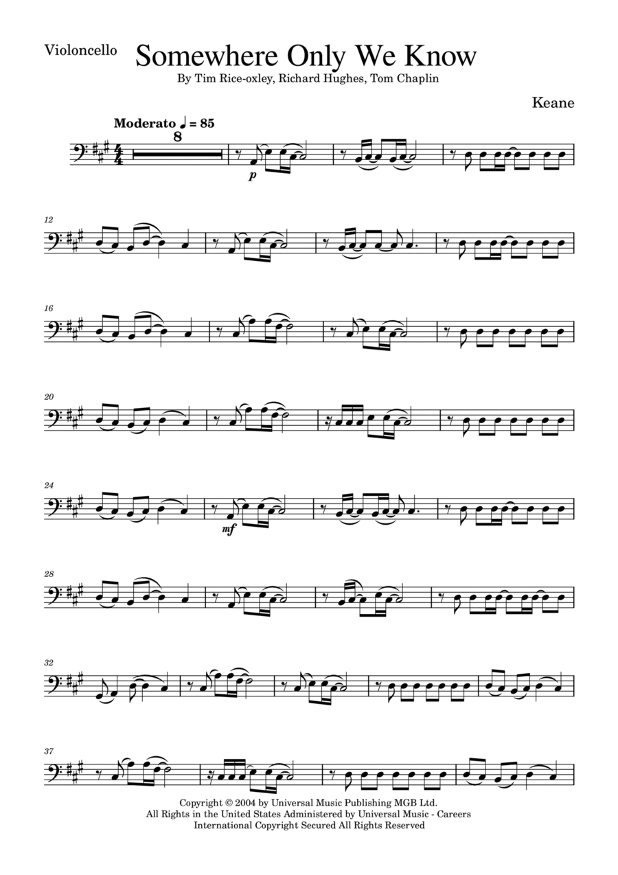 Somewhere Only We Know Somewhere Only We Know Cello Solo scores gallery preview page 1