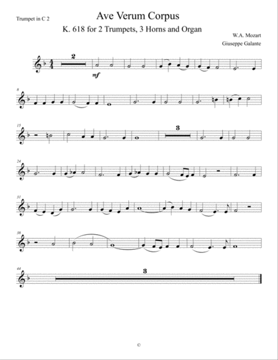 Ave Verum Corpus, K. 618 for 2 Trumpets, 3 Horns and Organ Small Ensemble scores gallery preview page 3