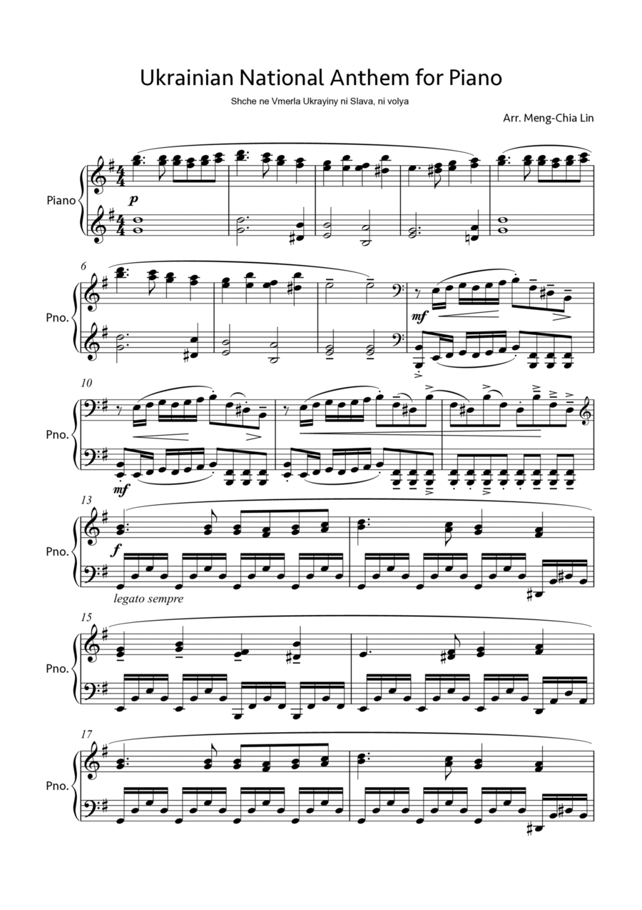 Ukrainian National Anthem Piano Arrangement Piano Solo scores gallery preview page 1
