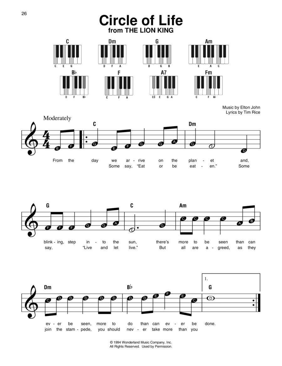 Circle Of Life (from The Lion King) Easy Piano scores gallery preview page 1