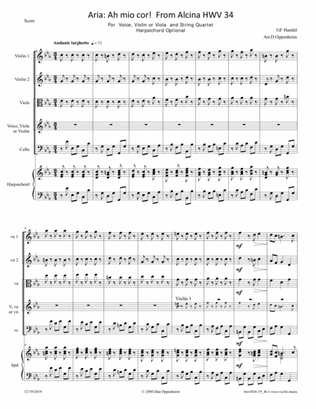Handel: Aria "Ah mio cor!" From Alcina HWV 34; arranged for Voice, Violin or Viola, String Quartet