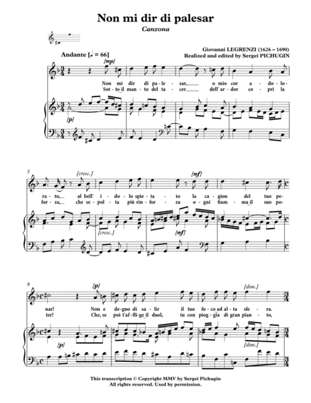 LEGRENZI Giovanni: Non mi dir di palesar, canzona, arranged for Voice and Piano (D minor) image number null