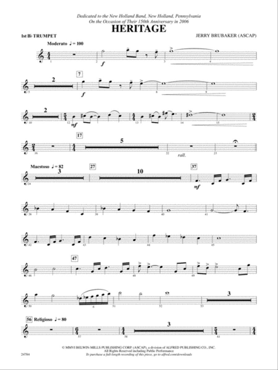 Heritage: 1st B-flat Trumpet Concert Band scores gallery preview page 1