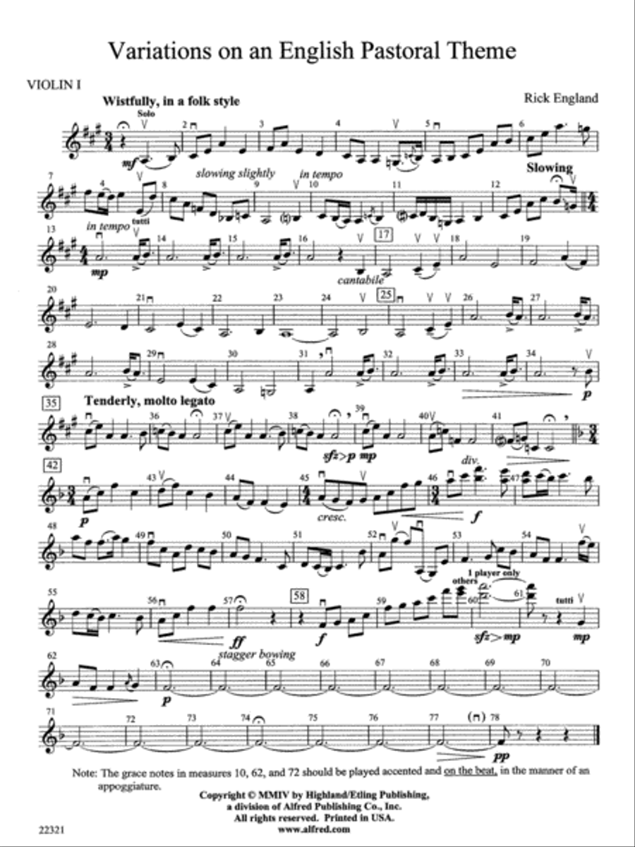 Variations on an English Pastoral Theme: 1st Violin String Orchestra scores gallery preview page 1