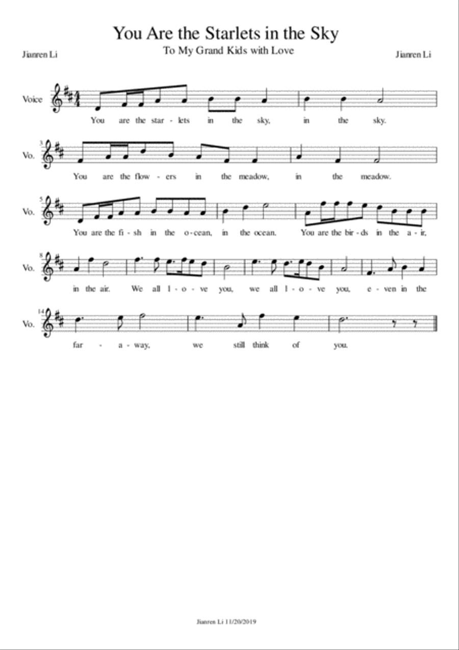 You are the Starlets in the Sky Piano, Vocal, Guitar scores gallery preview page 1