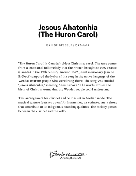 Jesous Ahatonhia (The Huron Carol) for Clarinet and Cello