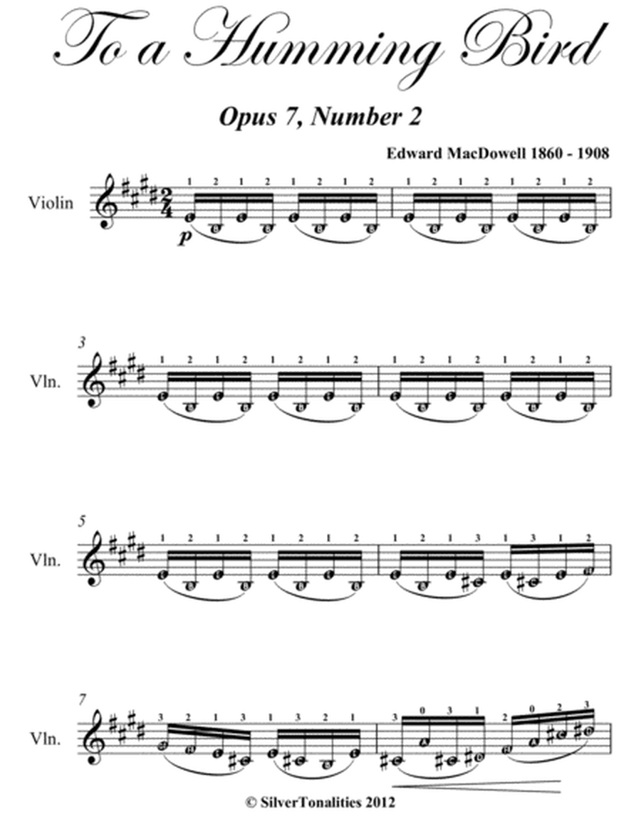 To a Humming Bird Opus 7 Number 2 Easy Violin Sheet Music