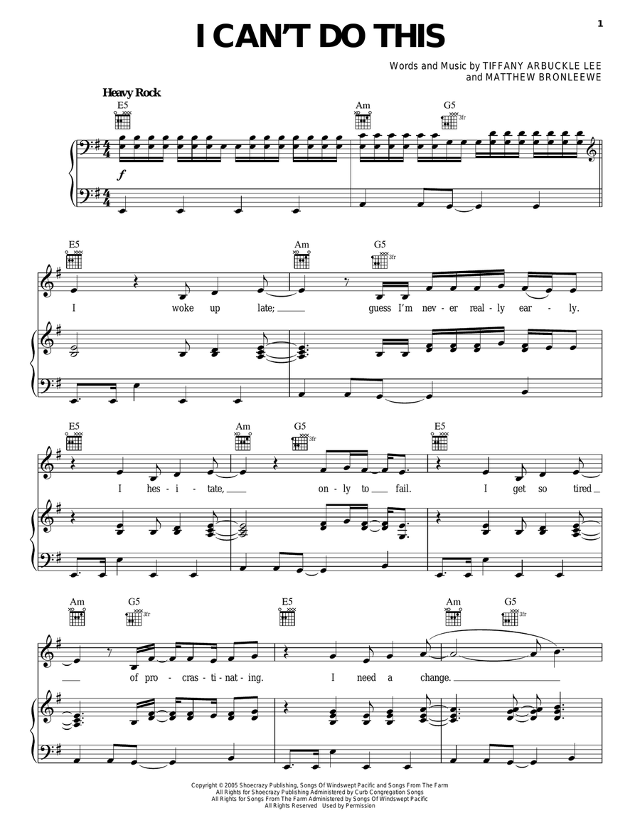 I Can't Do This Piano, Vocal, Guitar scores gallery preview page 1